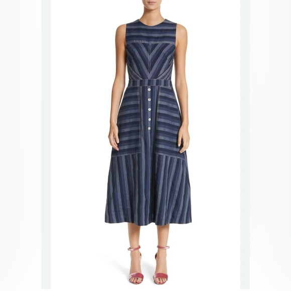 Carolina Herrera Navy and Light Blue Striped Midi Dress - Picture 4 of 6